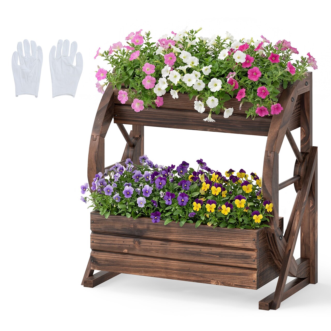 Outdoor 2-Tier Rustic Wood Wagon Planter with Semi-Wheels and Drainage